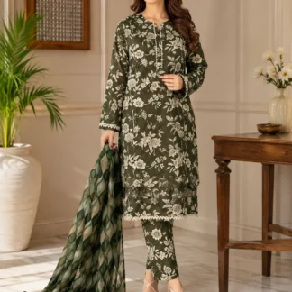 3 Pcs Women's Stitched Tissue Lace Work Fancy Suit