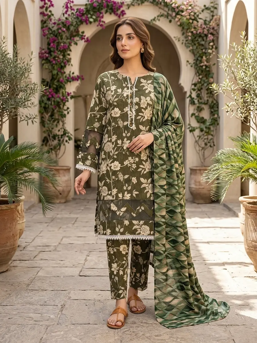 3 Pcs Women's Stitched Tissue Lace Work Fancy Suit - Image 2