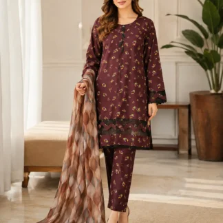 3 Pcs Women's Stitched Tissue Lace Work Fancy Suit