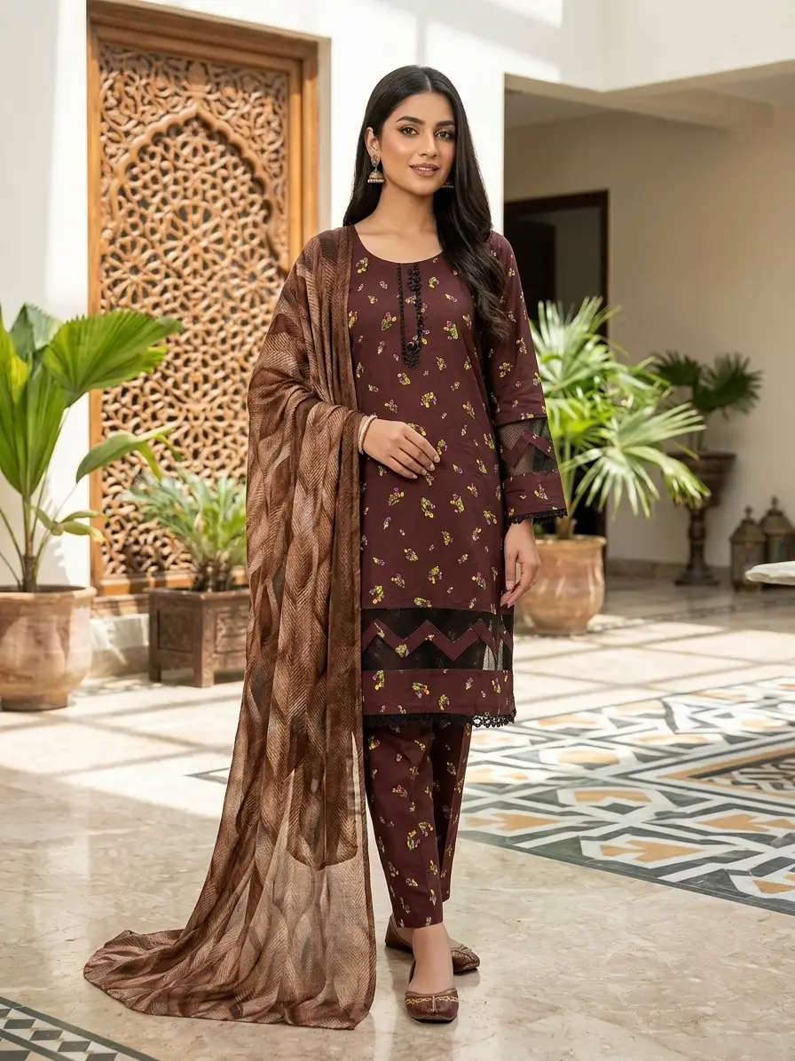 3 Pcs Women's Stitched Tissue Lace Work Fancy Suit - Image 2