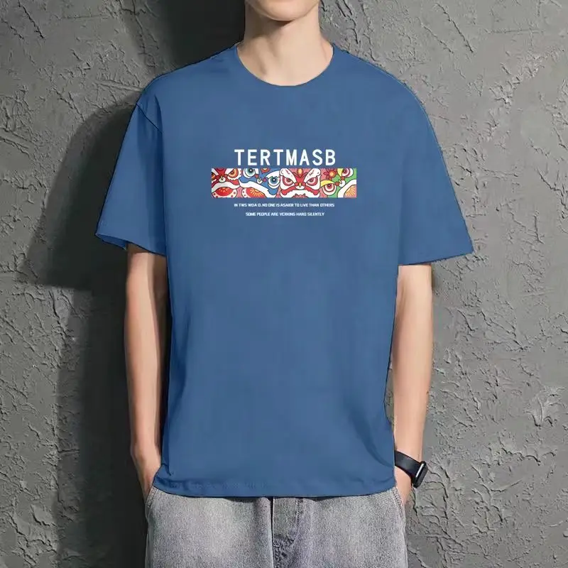 Men Blue Loose Fit Letter Print T-Shirt Summer