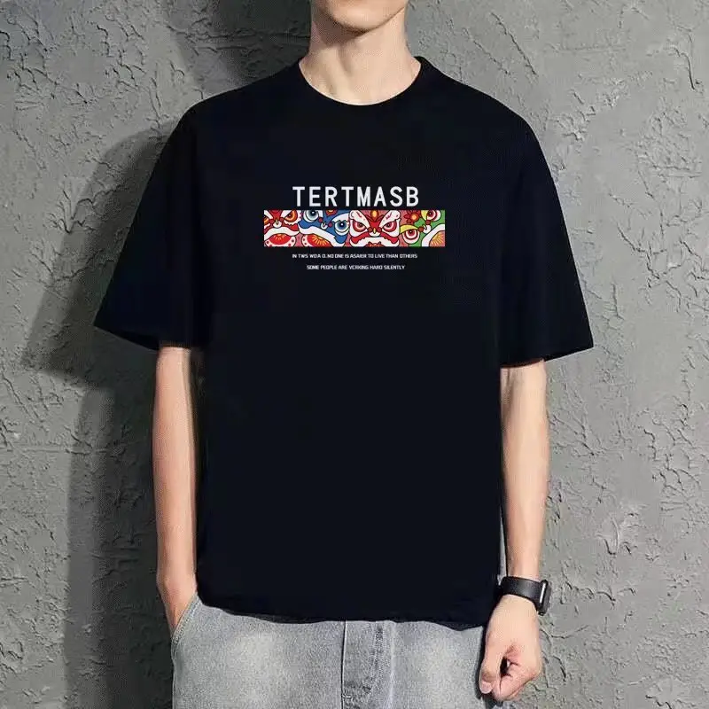 Men Blue Loose Fit Letter Print T-Shirt Summer - Image 2