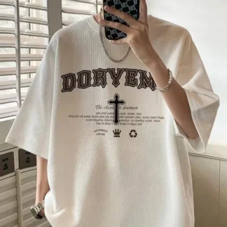 Men Waffle Short Sleeve T-Shirt White Casual Summer Style