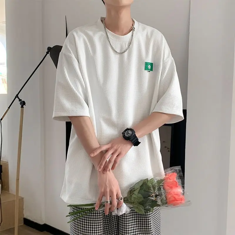 Men Waffle Short Sleeve T-Shirt White Casual Summer Style - Image 3