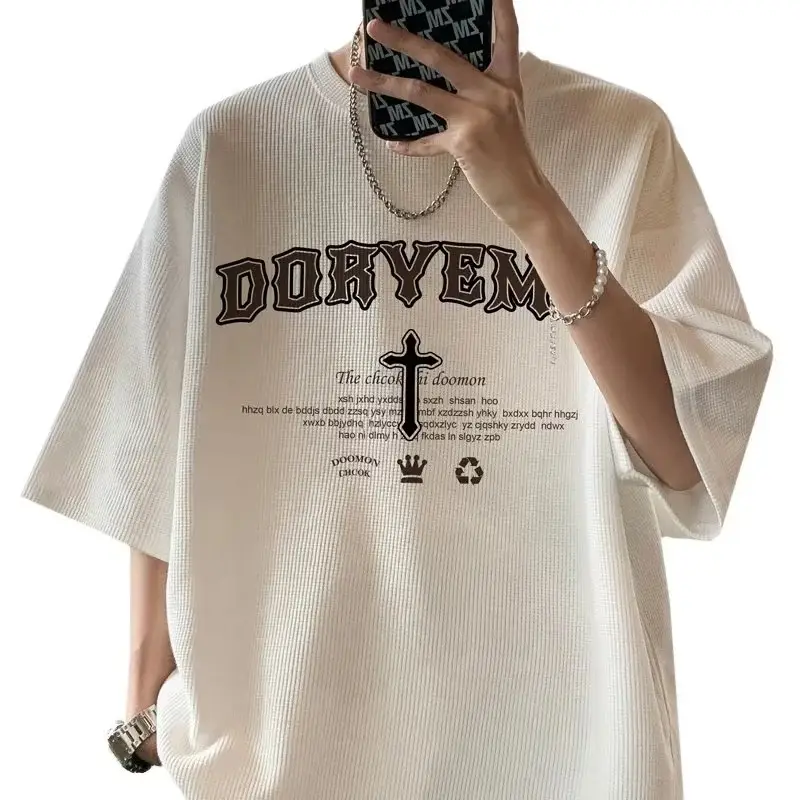 Men Waffle Short Sleeve T-Shirt White Casual Summer Style - Image 5