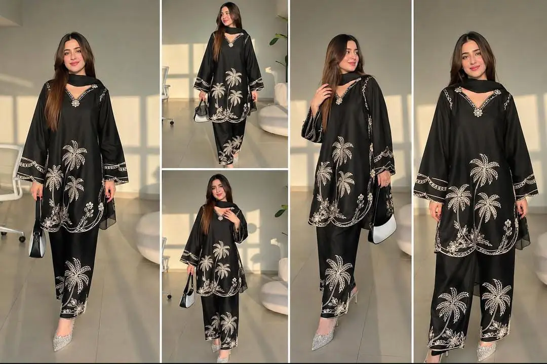 2 Pcs Women's Stitched Cotton Embroidered Shirt And Trouser
