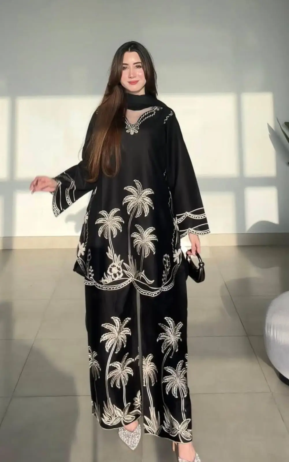 2 Pcs Women's Stitched Cotton Embroidered Shirt And Trouser - Image 2