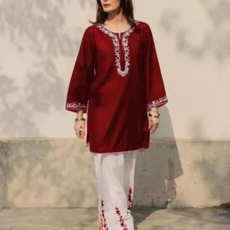 Women Embroidered Cotton Pajama Set Red White 2Pcs