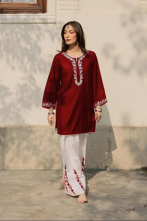 Women Embroidered Cotton Pajama Set Red White 2Pcs
