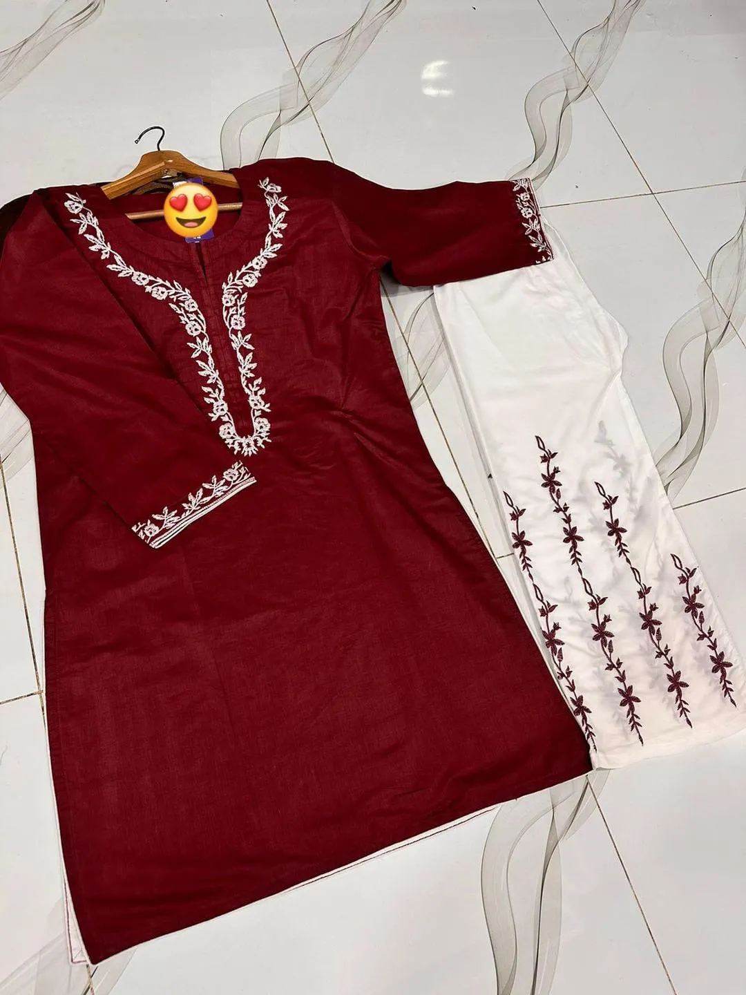 Women Embroidered Cotton Pajama Set Red White 2Pcs - Image 2