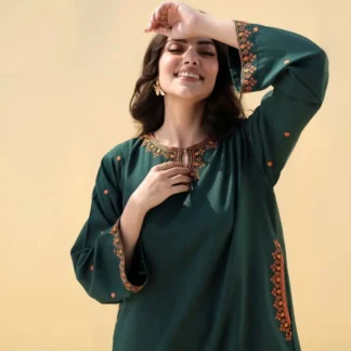 2 Pcs Women's Stitched Cotton Lawn green pocket style Embroidered Shirt And Trouser