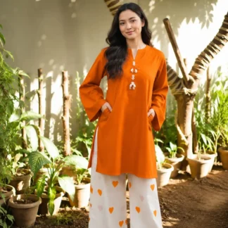 2 Pcs Women's Stitched Cotton Plain Shirt And Trouser