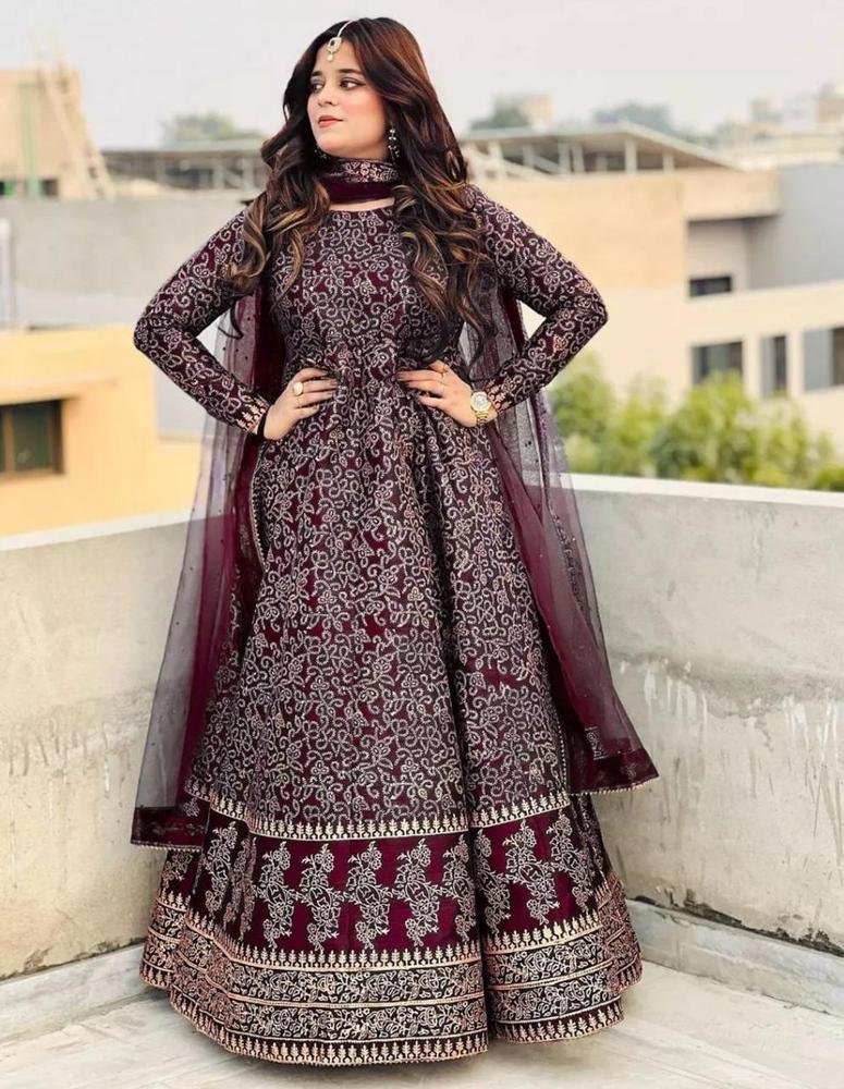 Women Katan Silk Printed Maxi Suit Set 3 Piece Regular