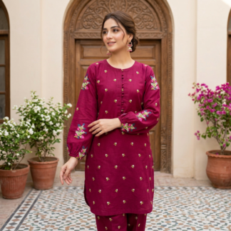 Maroon Embroidered Kurti & Flapper Set for Women